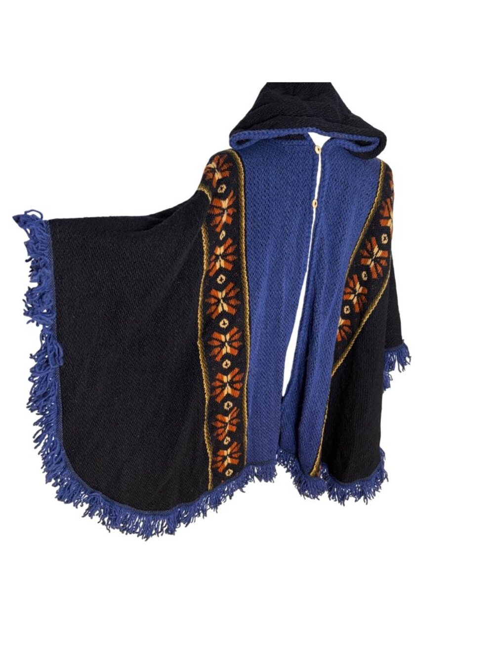 Vintage Milma Arte Wool Hooded Poncho Cape Blue Black Fringe Boho Ecuador